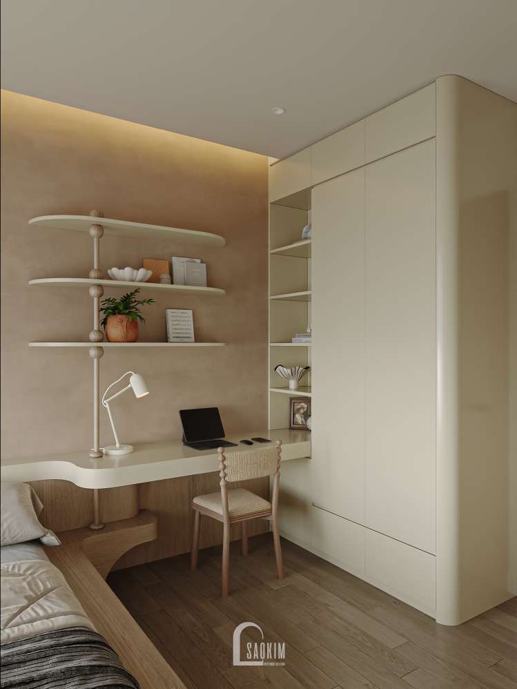 Thiết kế chung cư The Beverly mang đến phòng ngủ với hệ tủ âm tường gọn gàng, tối ưu không gian lưu trữ mà vẫn giữ vẻ tinh tế.
